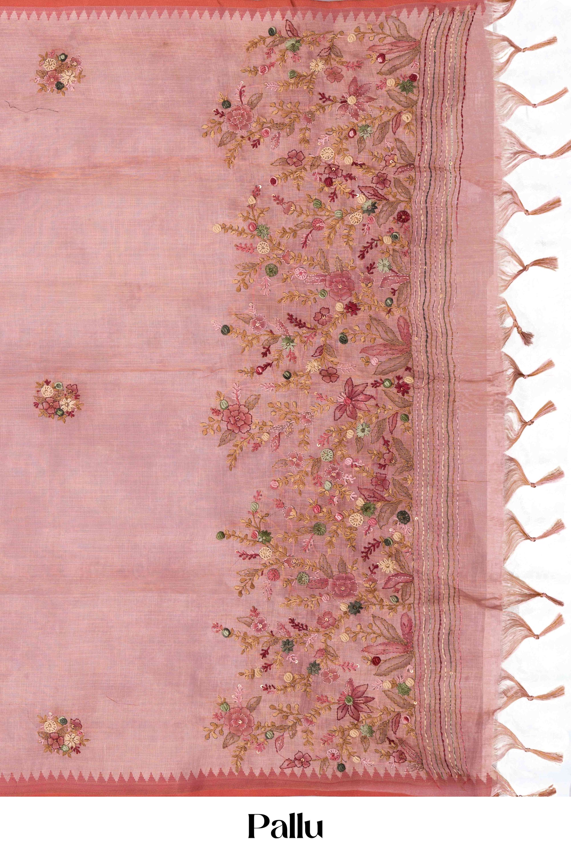 Peach embroidered linen saree