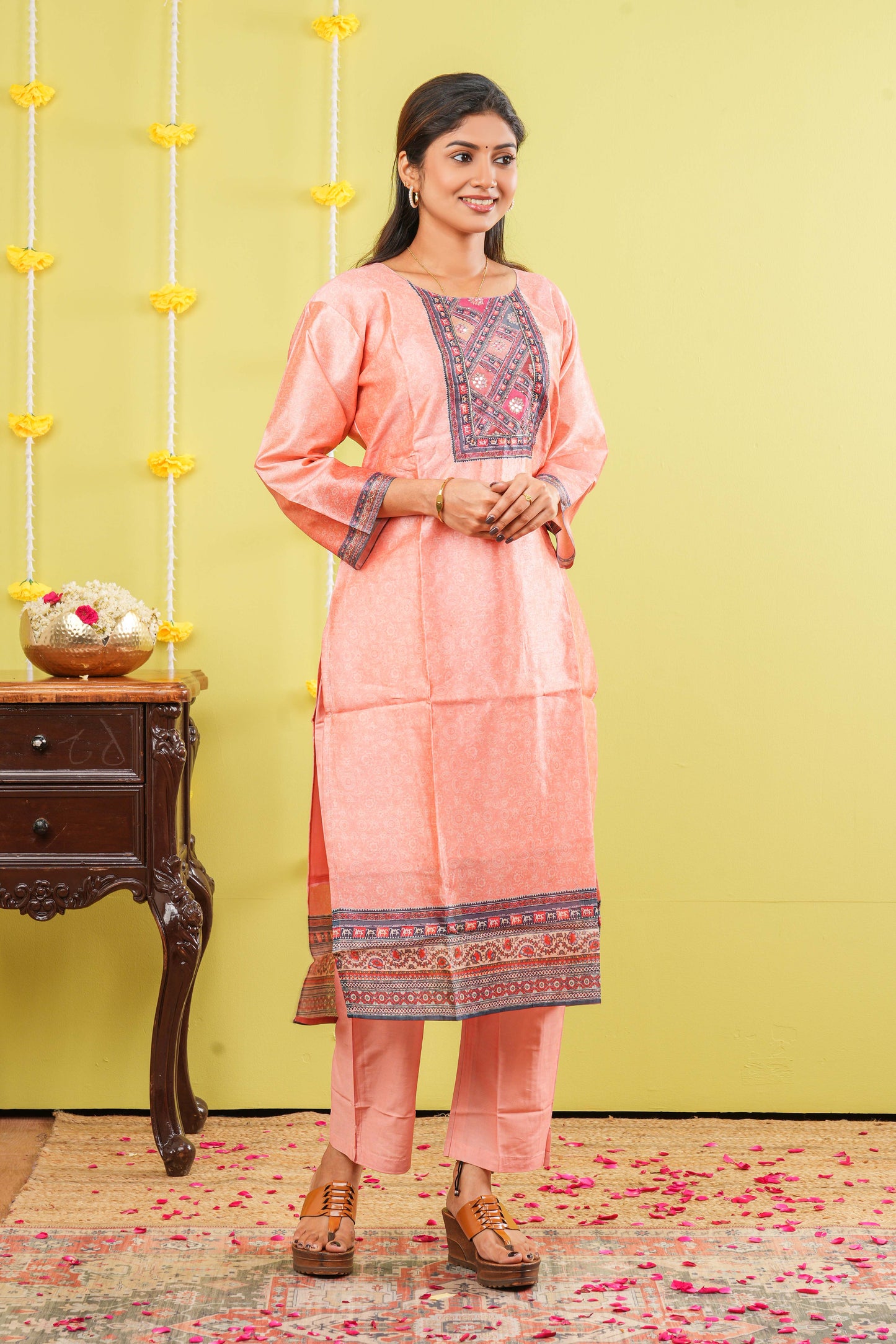Peach embroidered neckline suit