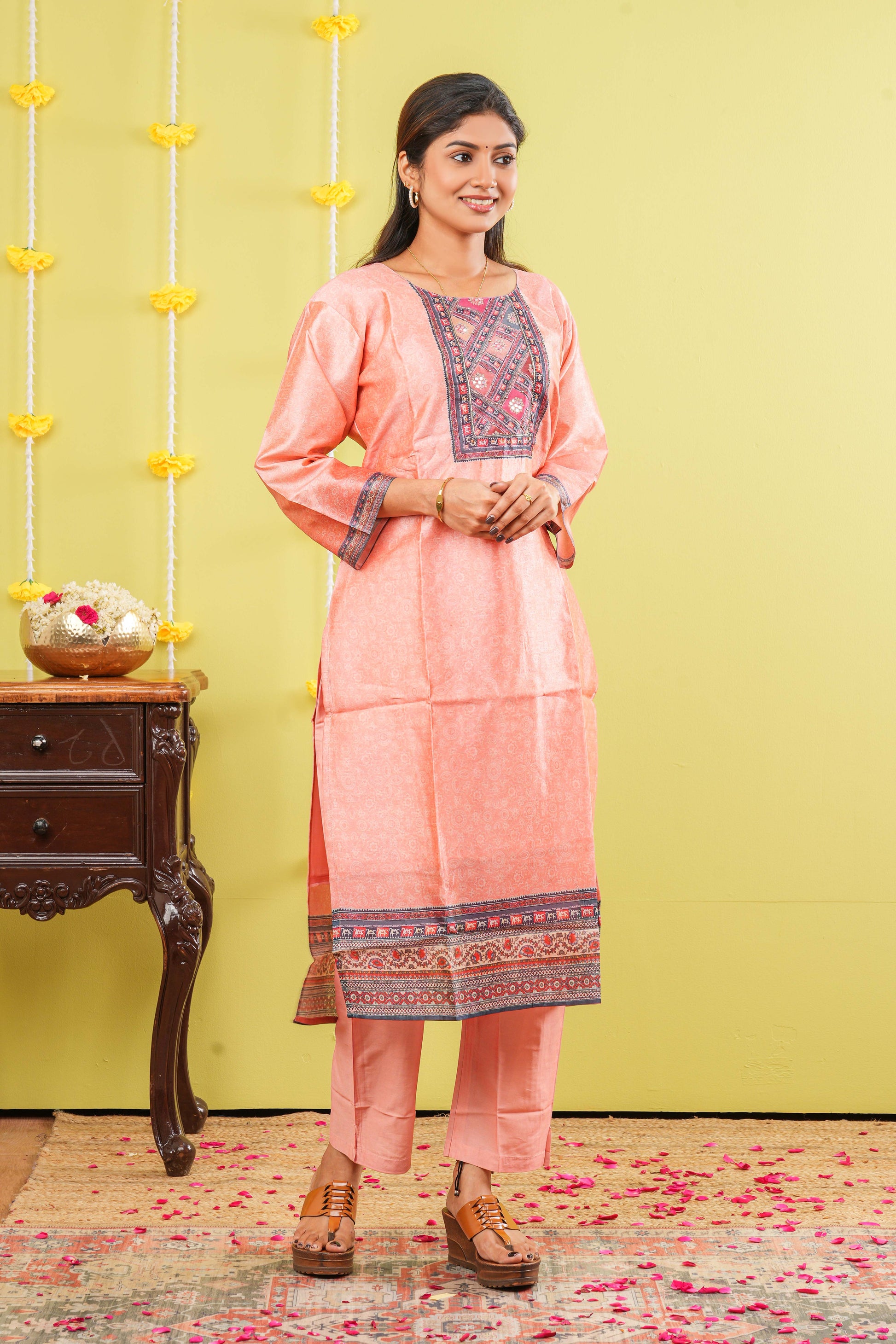 Peach embroidered neckline suit
