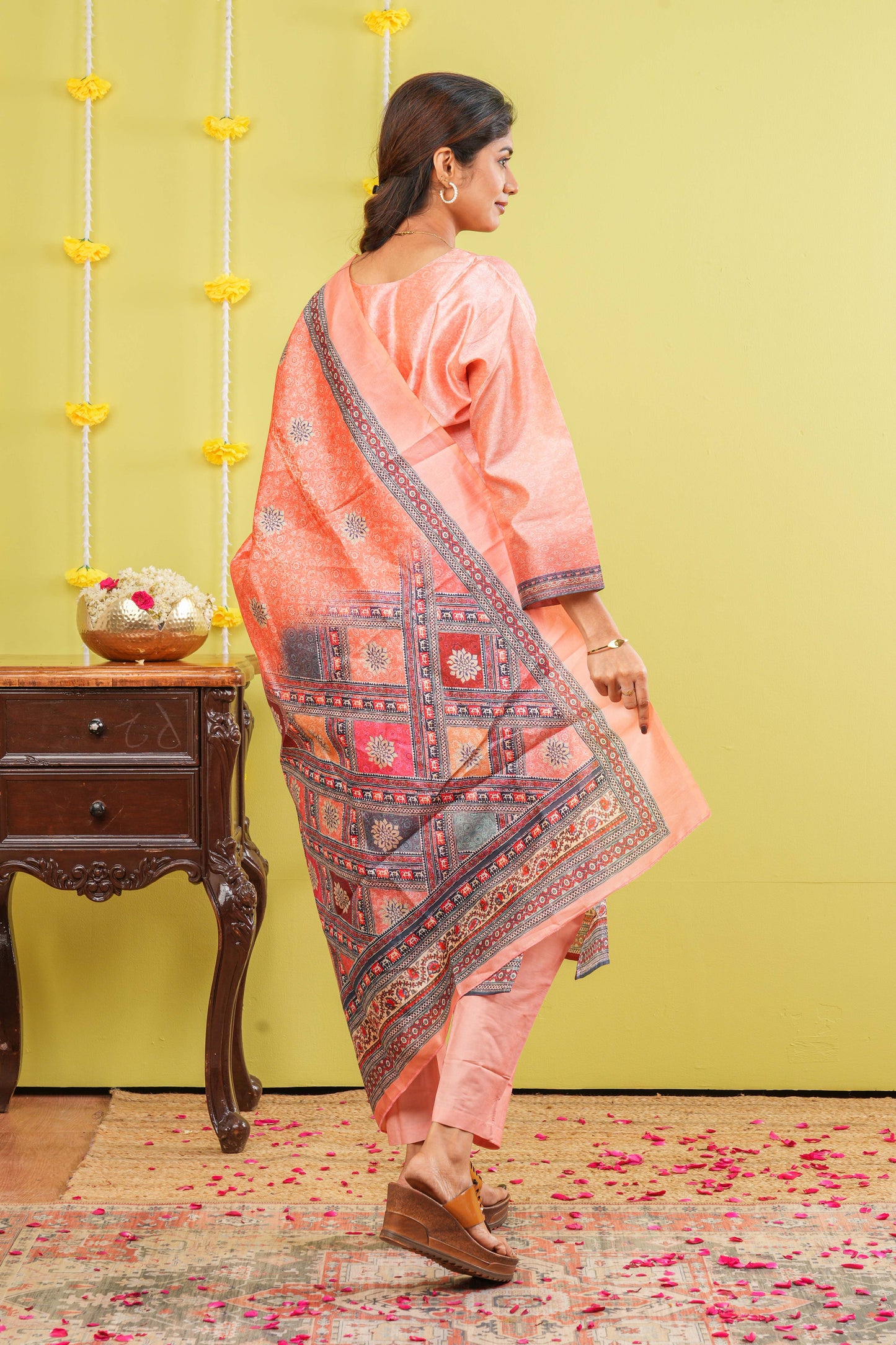 Peach festive printed suit