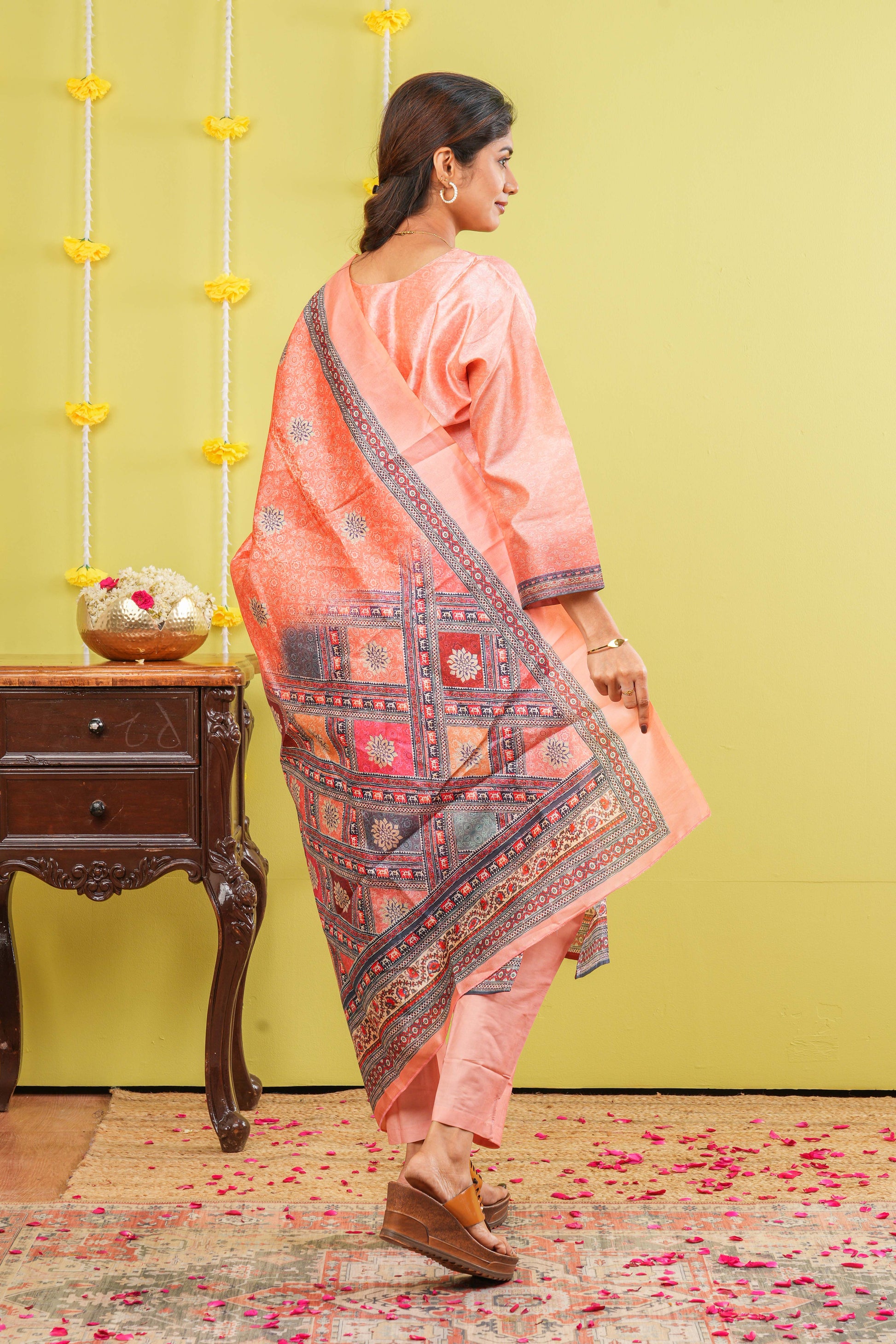 Peach festive printed suit