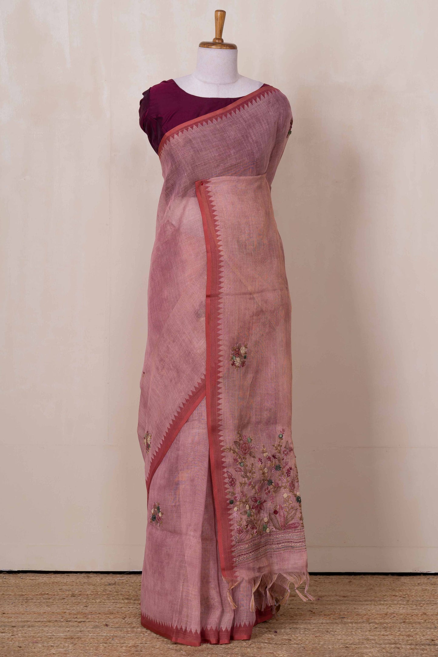 Peach floral linen saree
