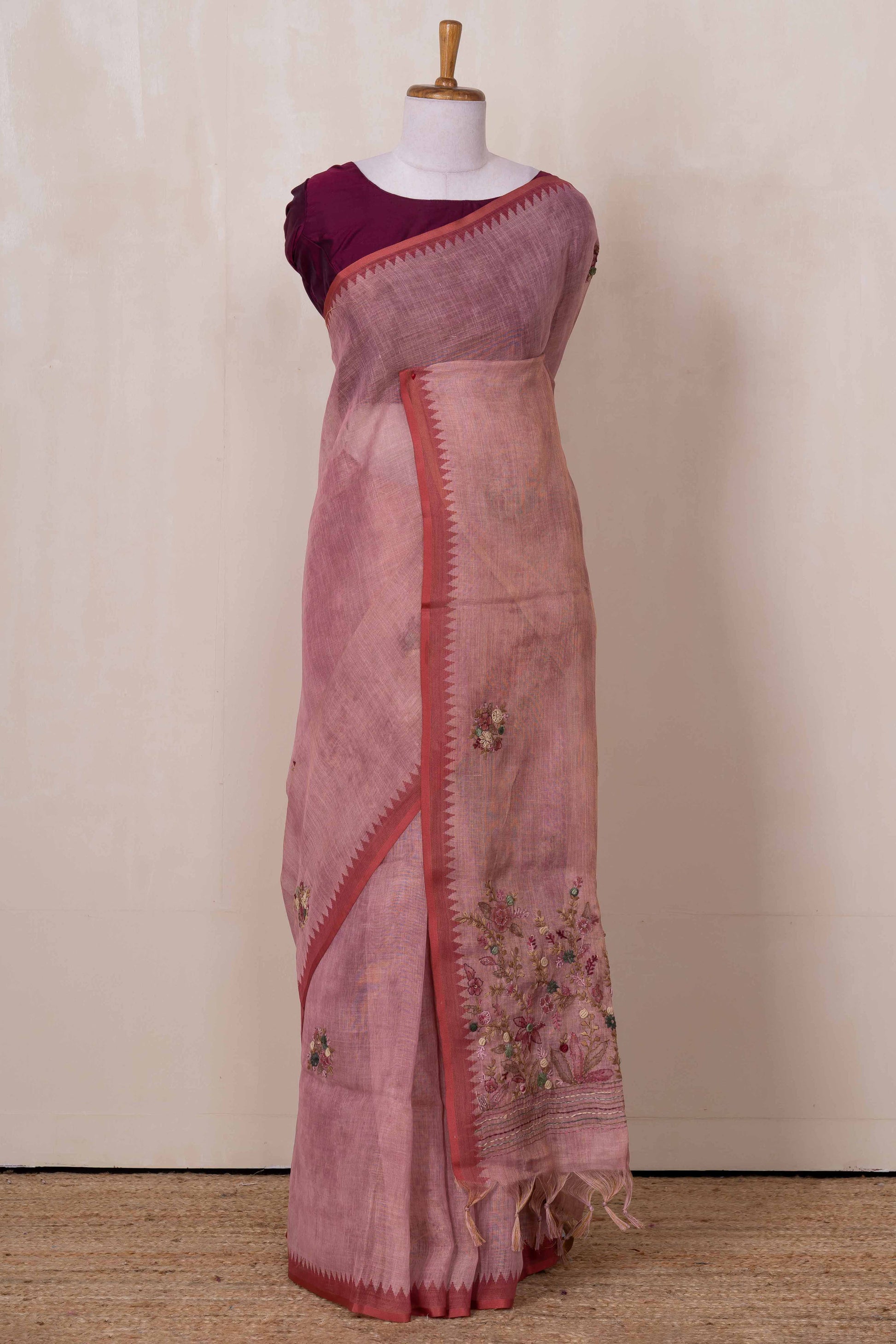 Peach floral linen saree