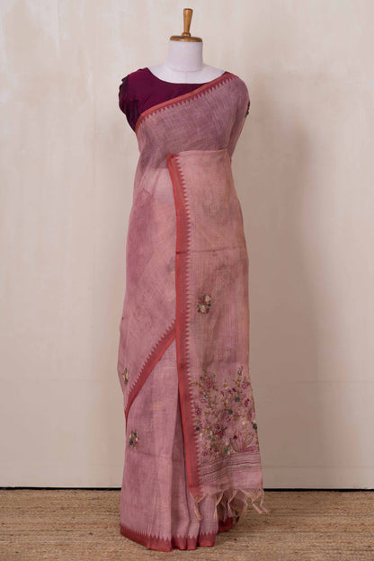 Peach floral linen saree