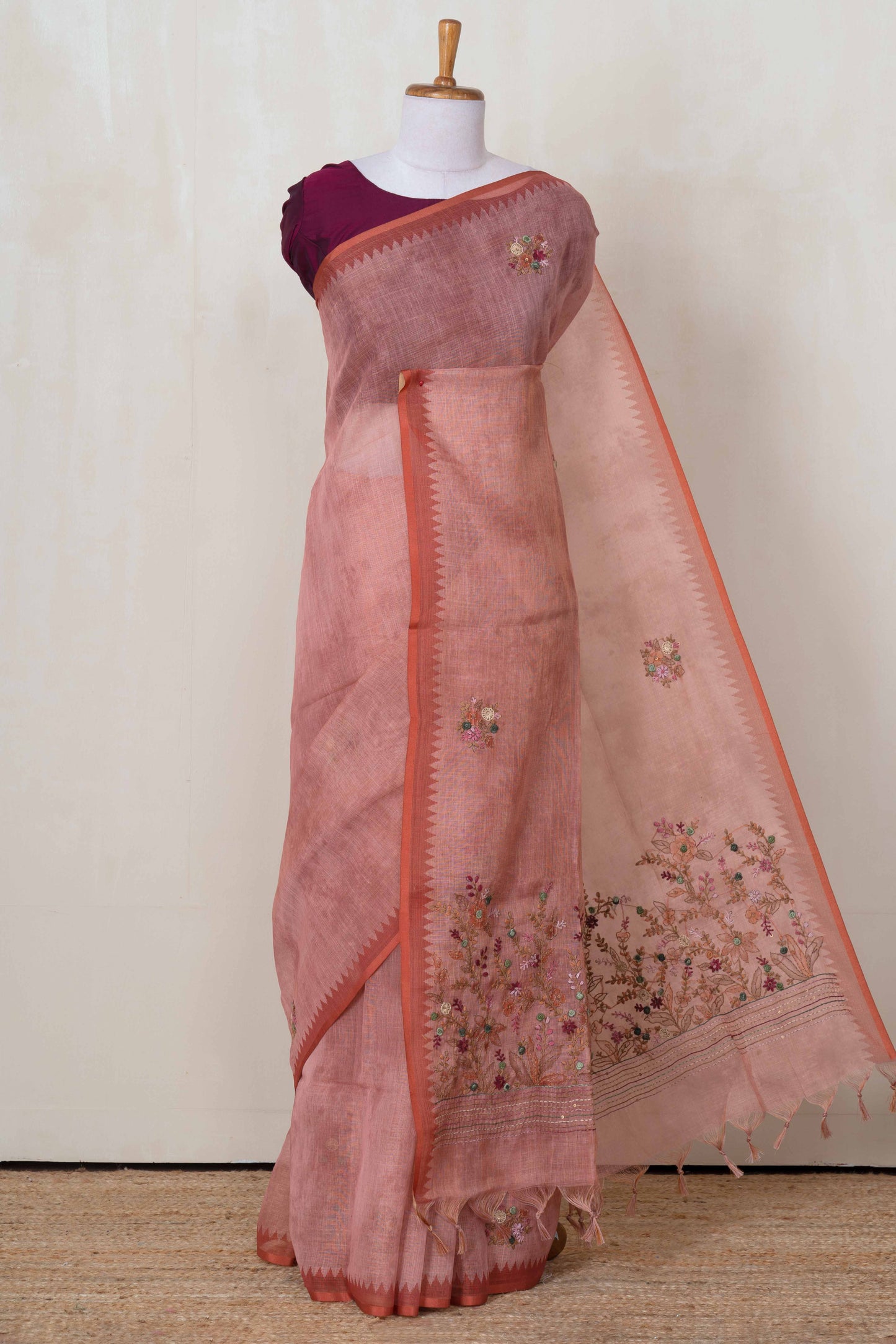Peach floral linen saree design