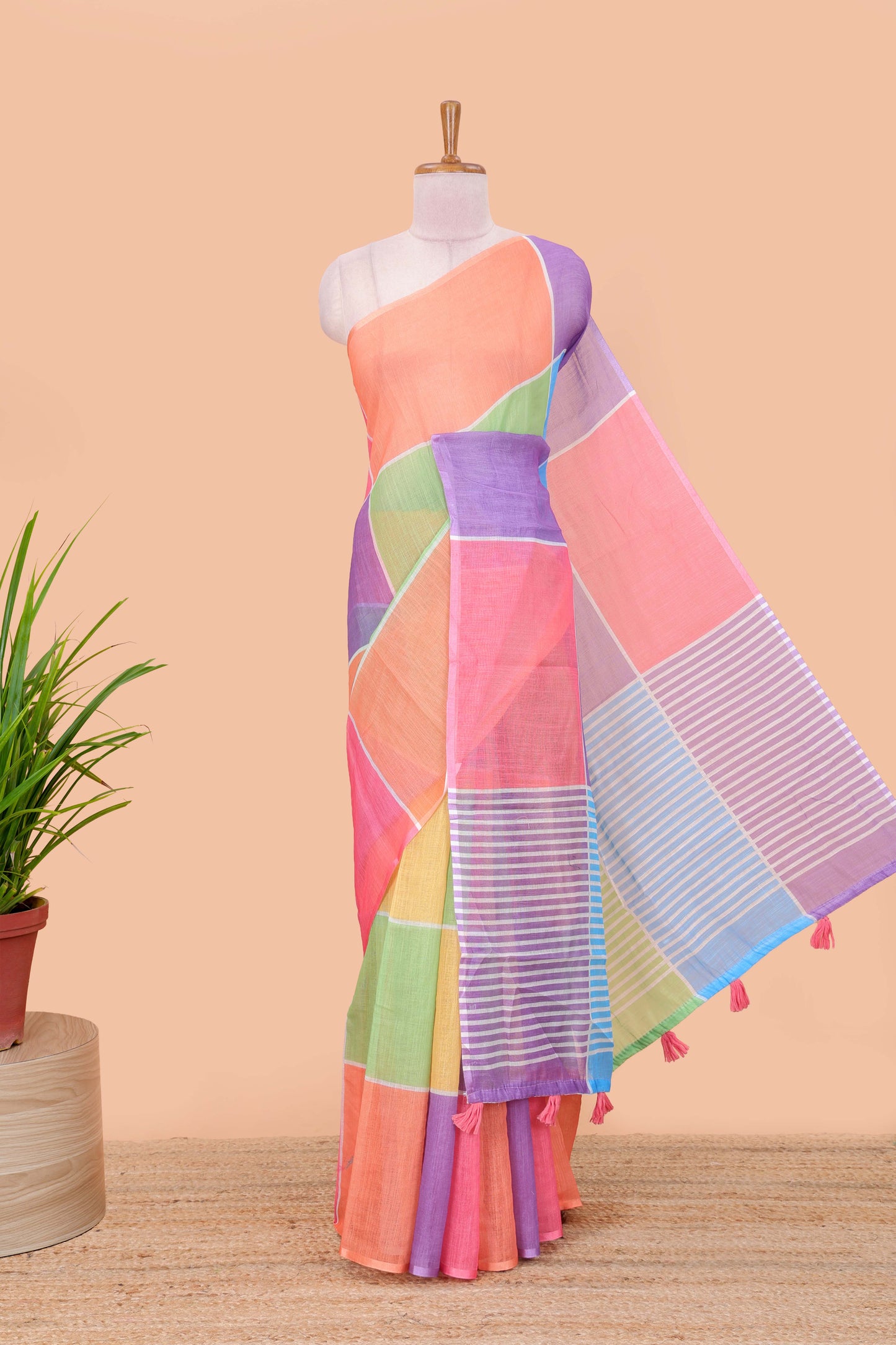 Peach green checked linen saree

