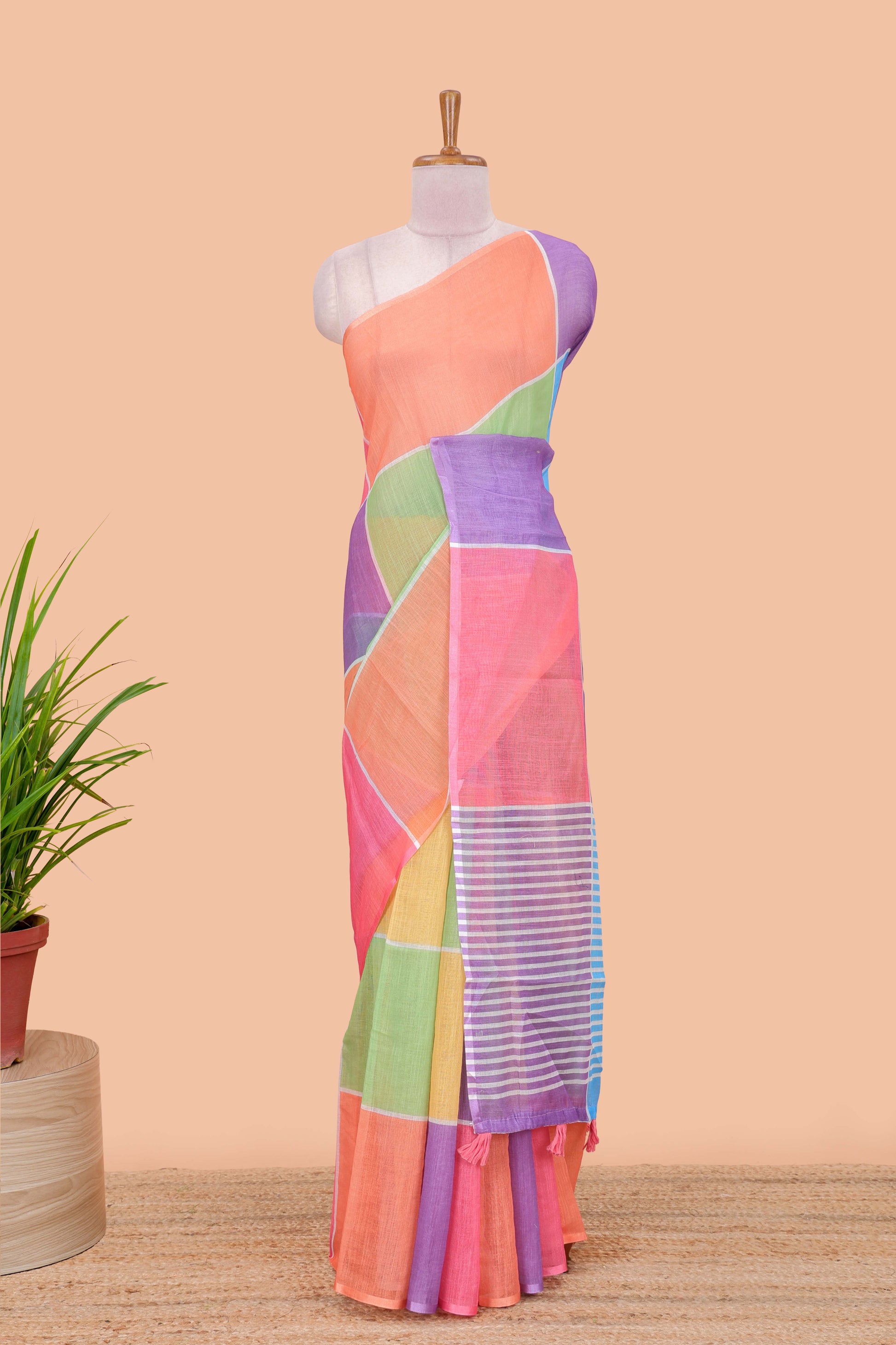 Peach green linen checks saree