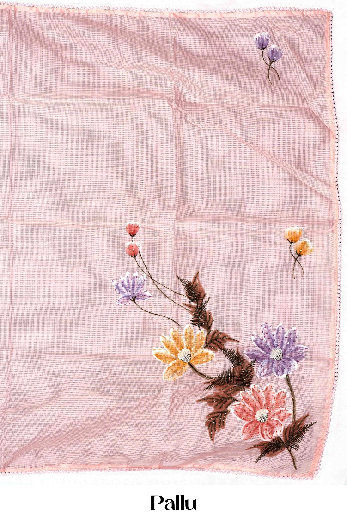 Peach hand brush print across body Kota cotton saree