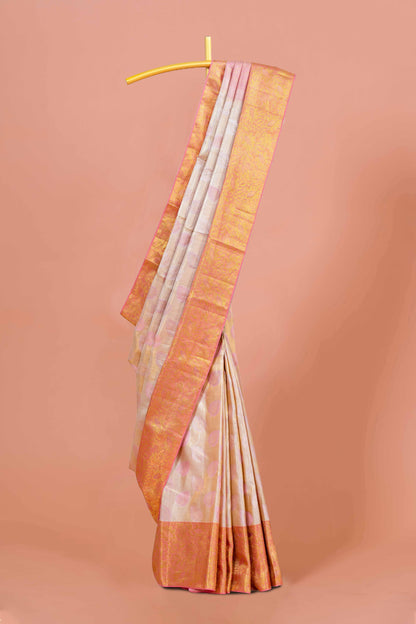 Peach ivory pattu silk saree
