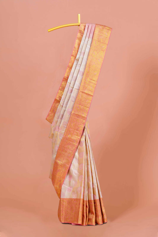 Peach ivory pattu silk saree
