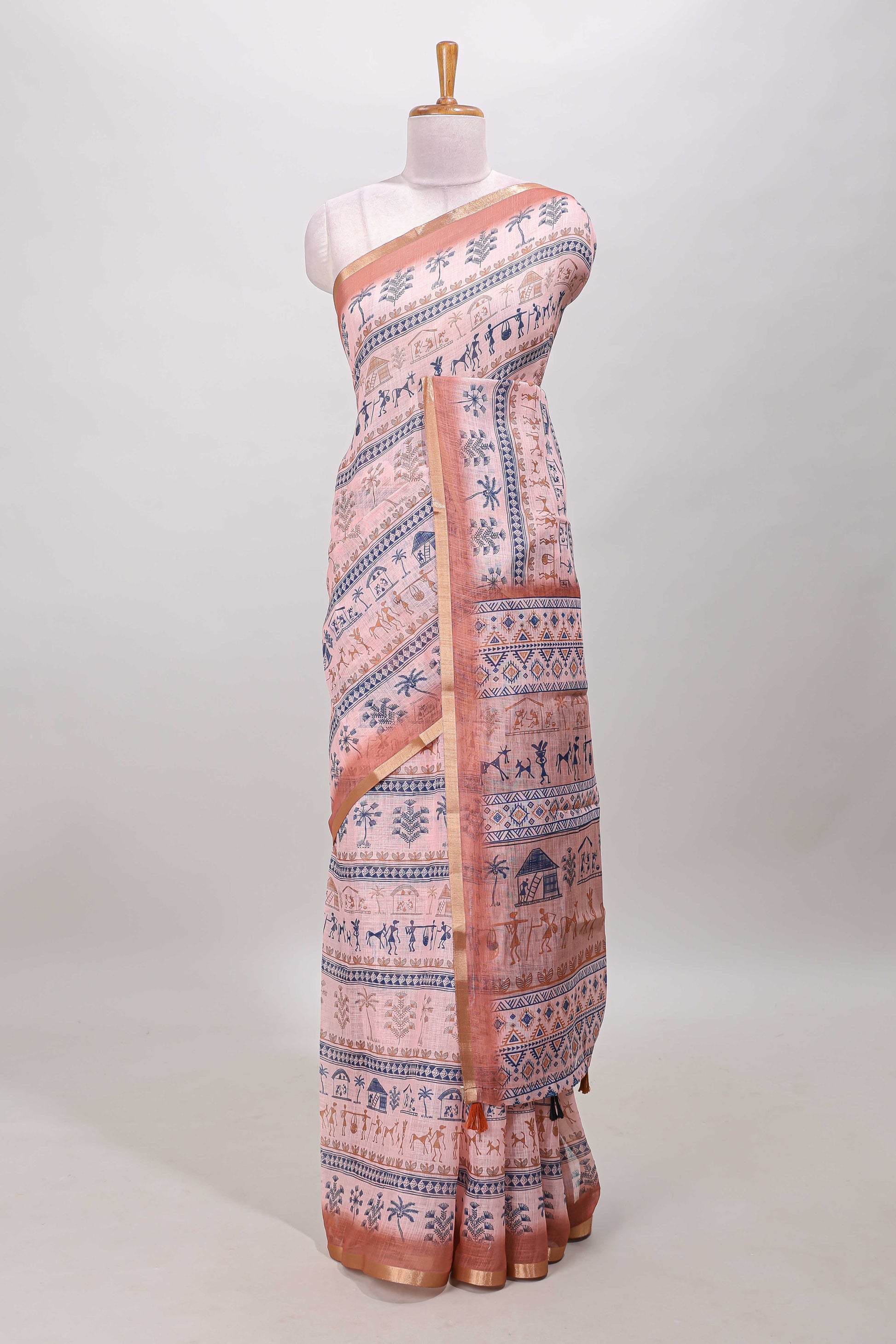 Peach linen cotton saree