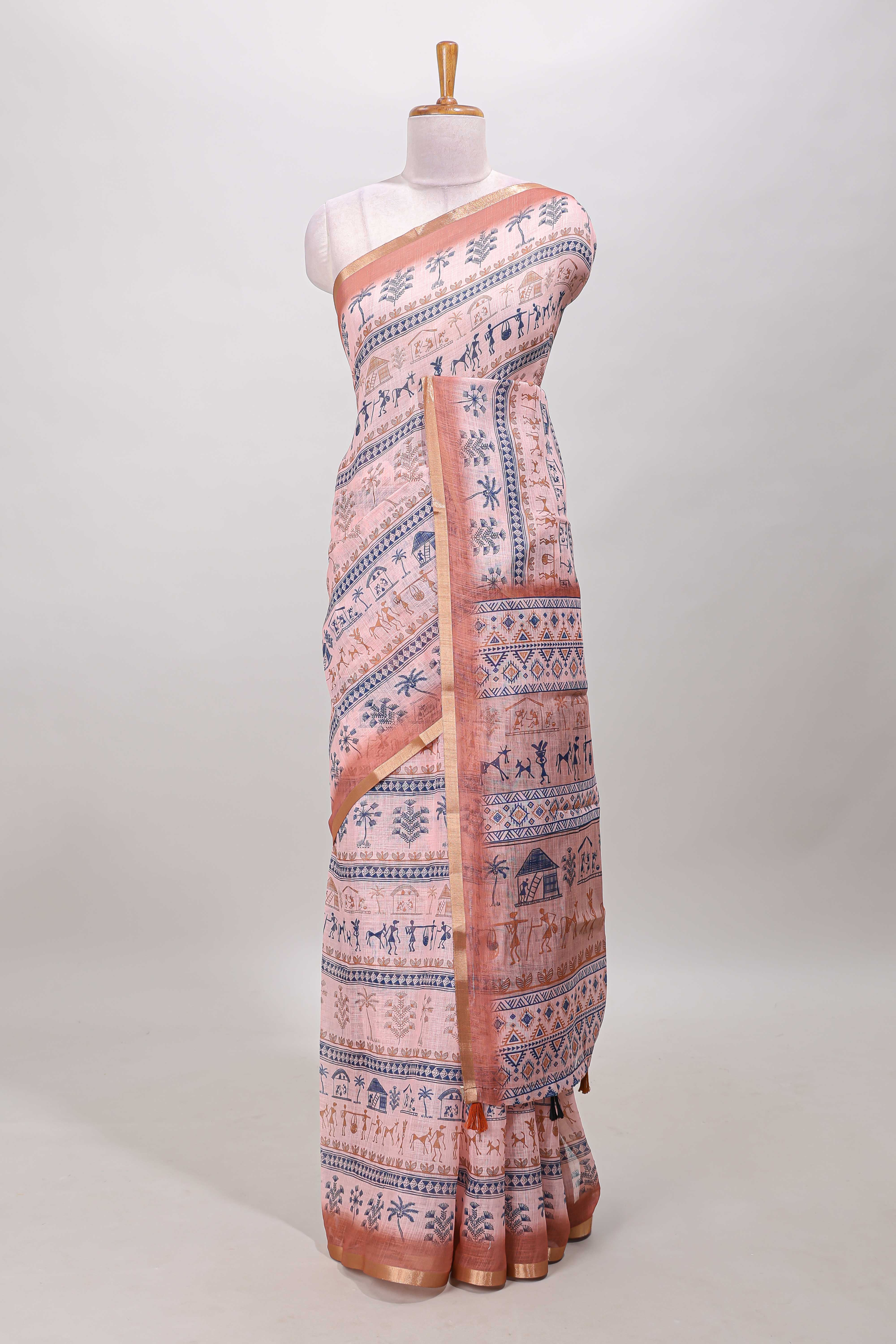 Peach linen cotton saree