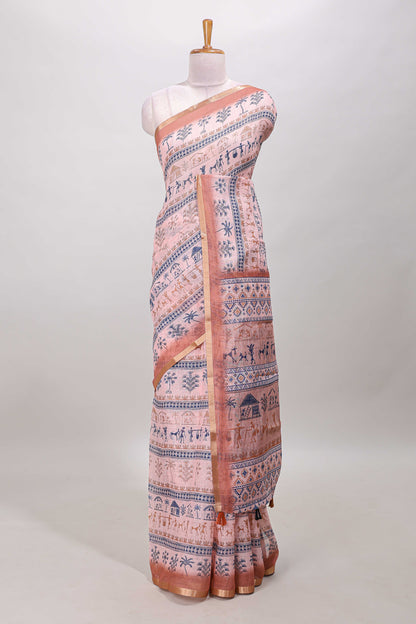 Peach linen cotton saree