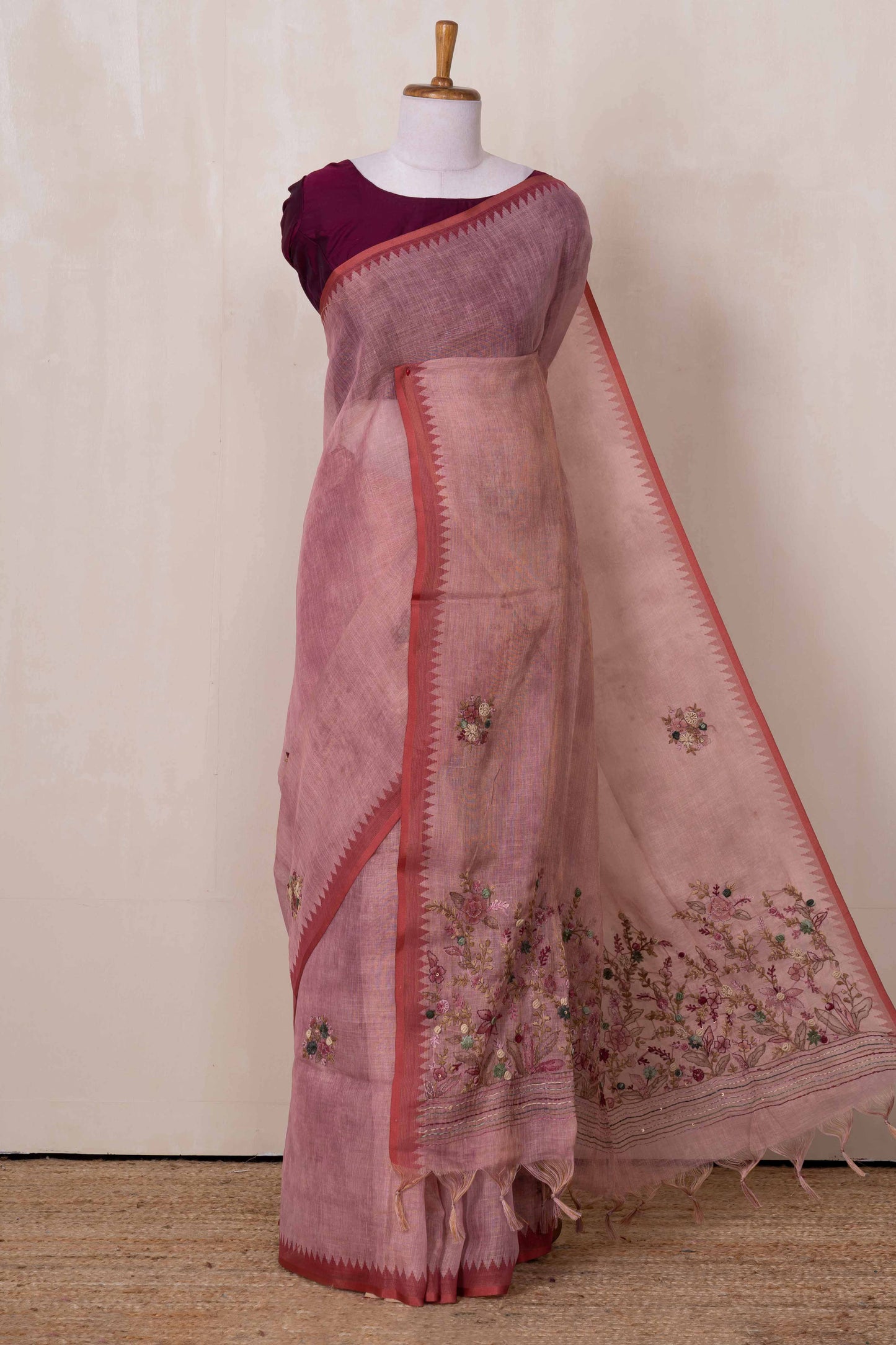 Peach linen saree