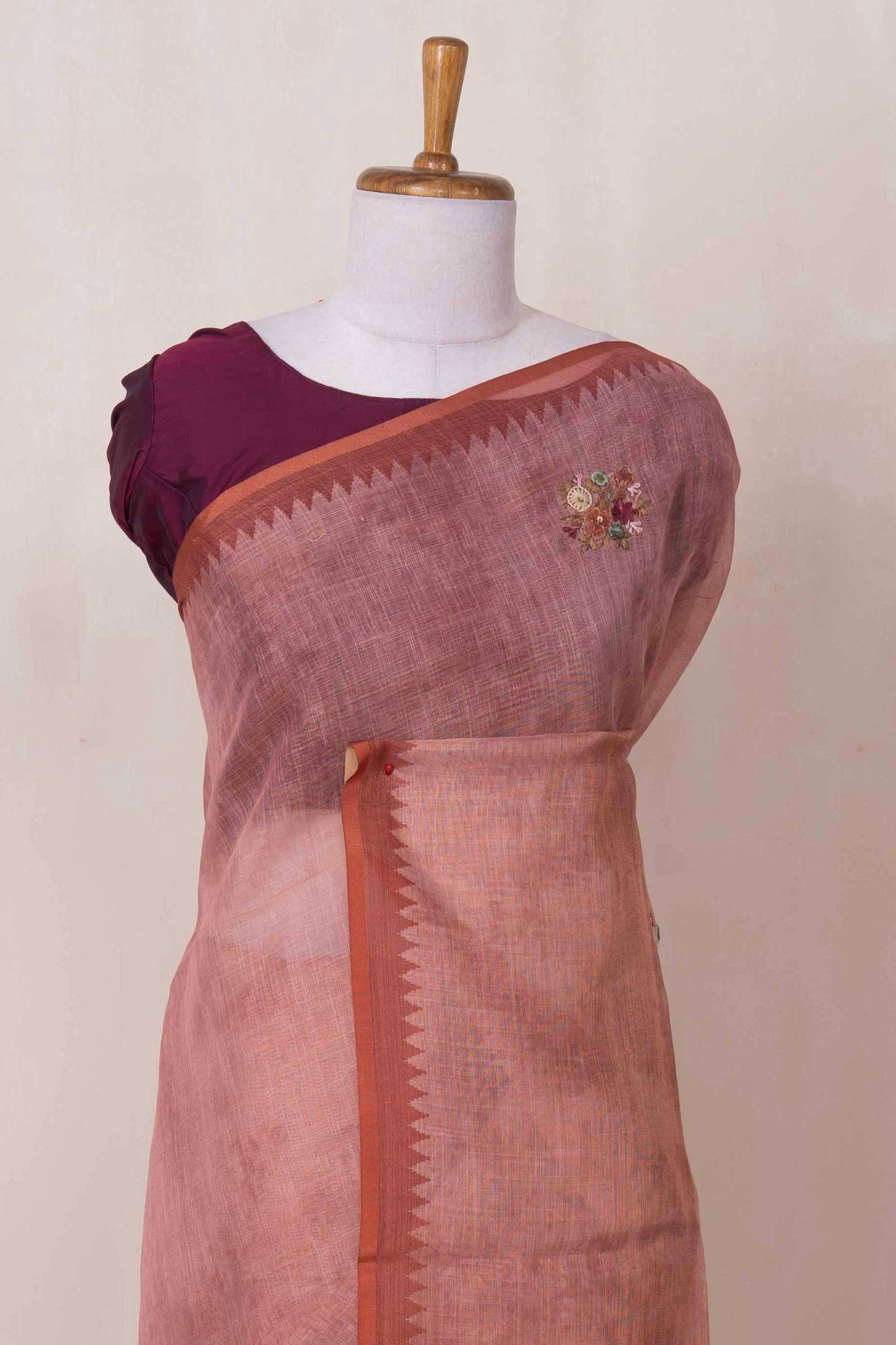 Peach linen saree with French knot work