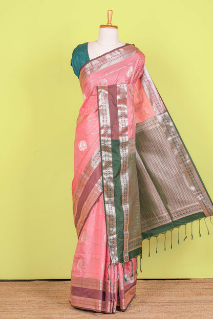Peach luxury silk zari stripe saree
