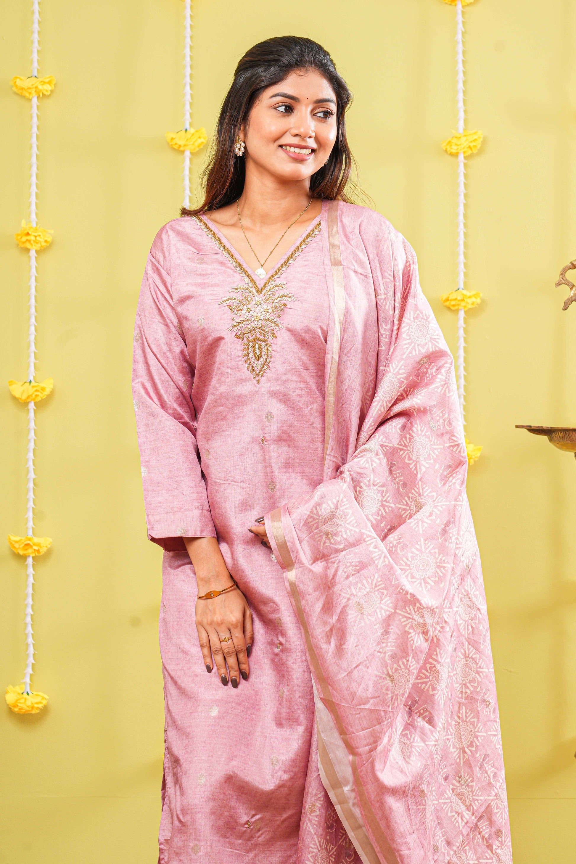 Peach neckline design outfit