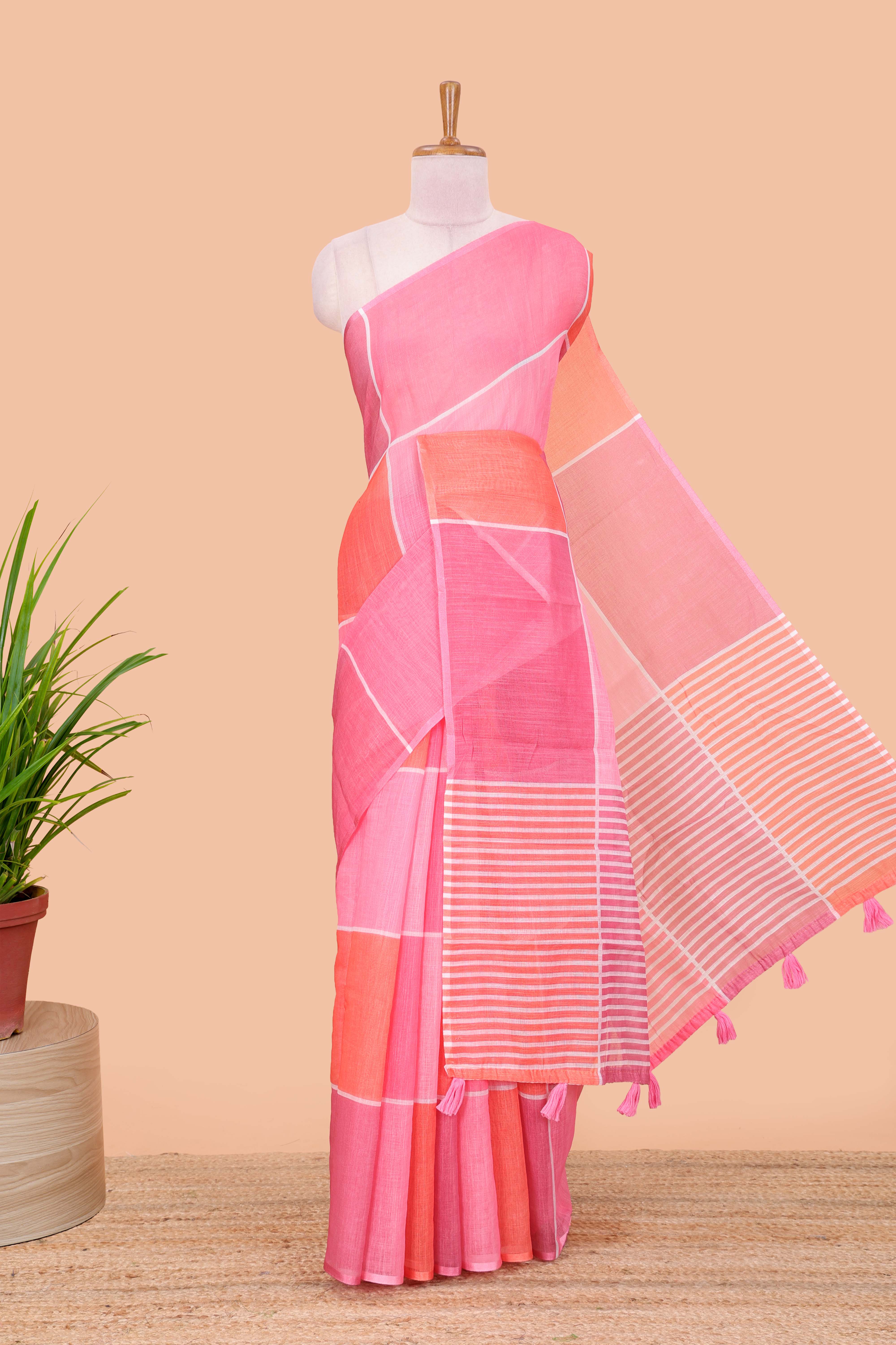 Peach pink checked linen saree