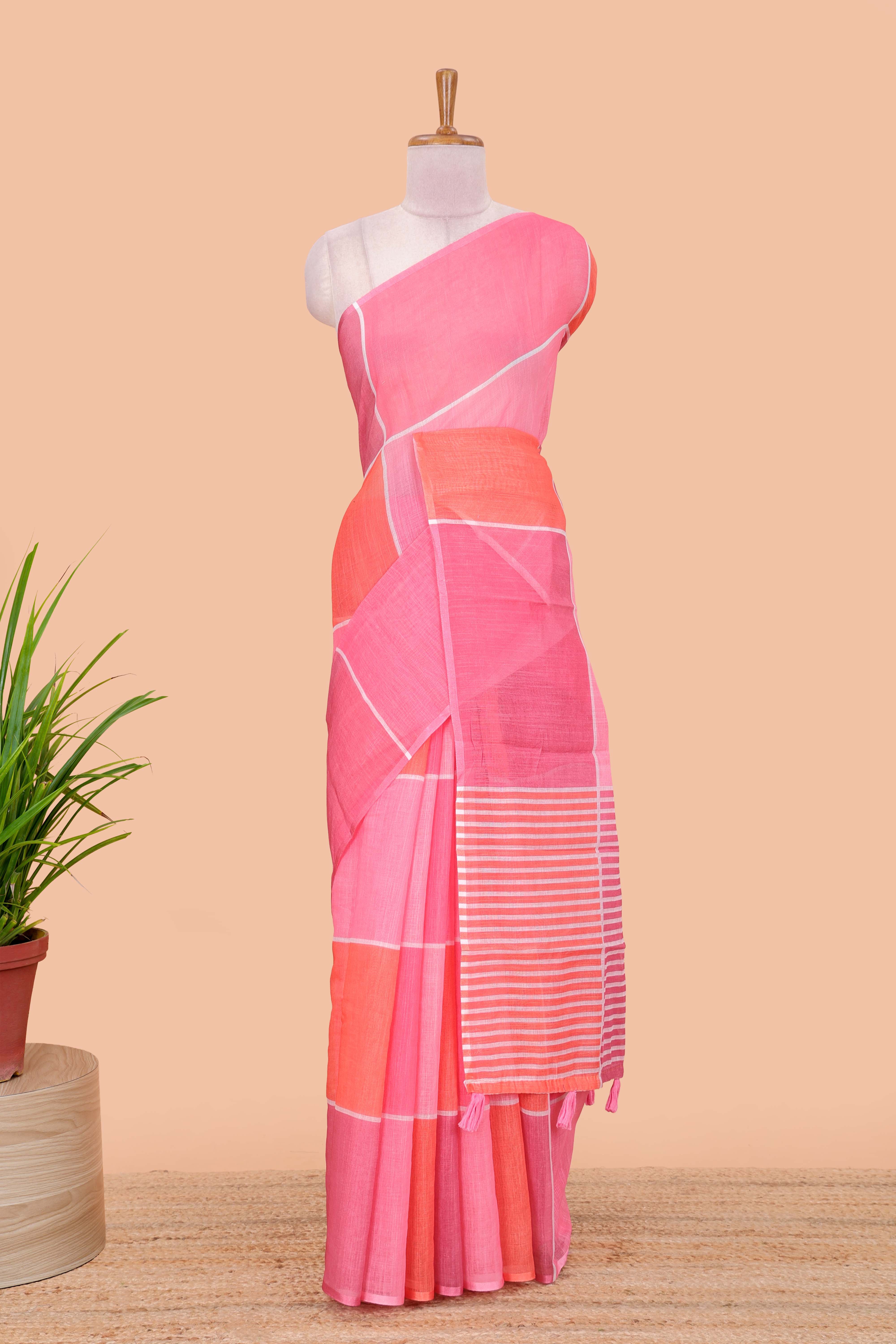 Peach pink linen checks saree