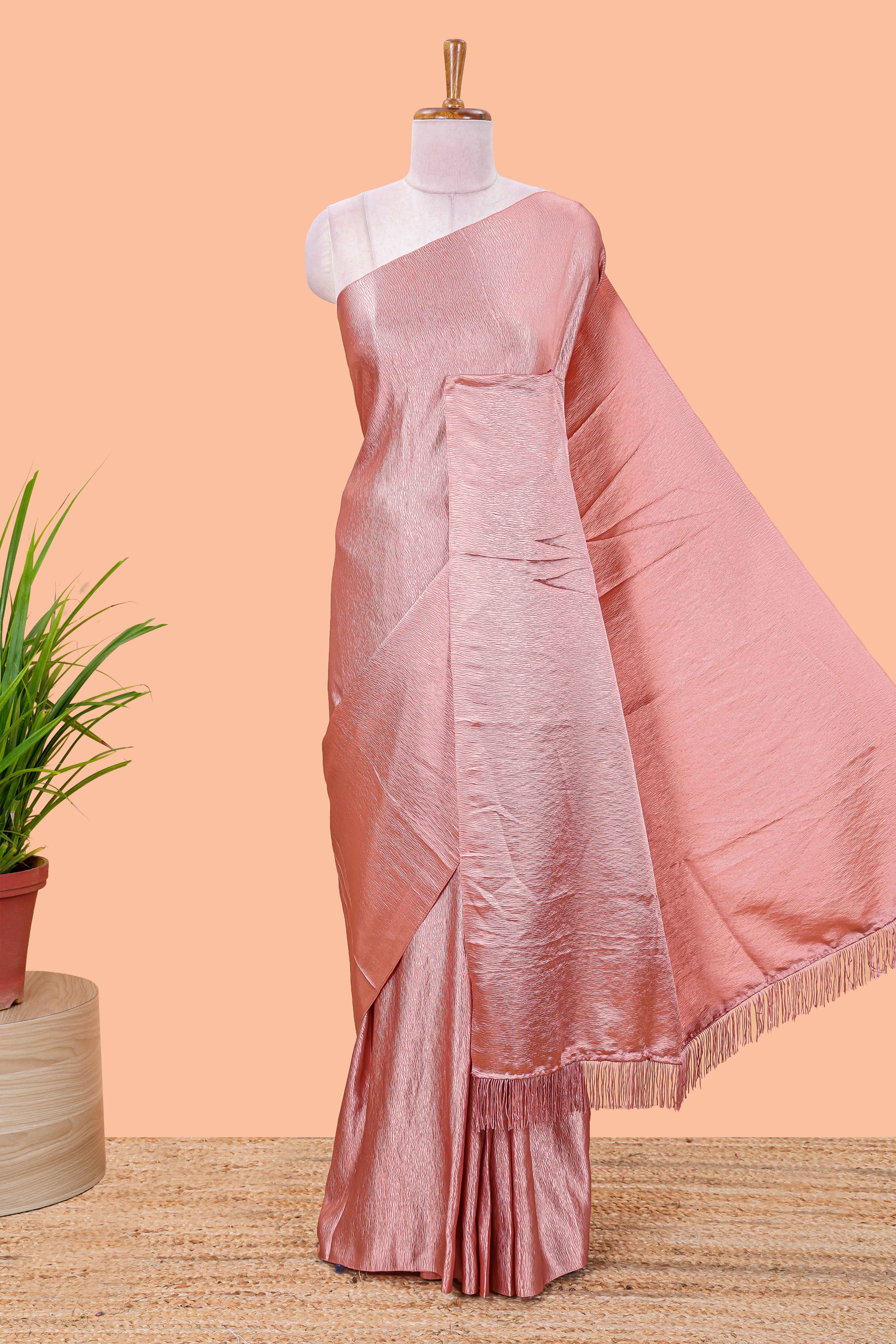 Peach satin crepe crush texture saree