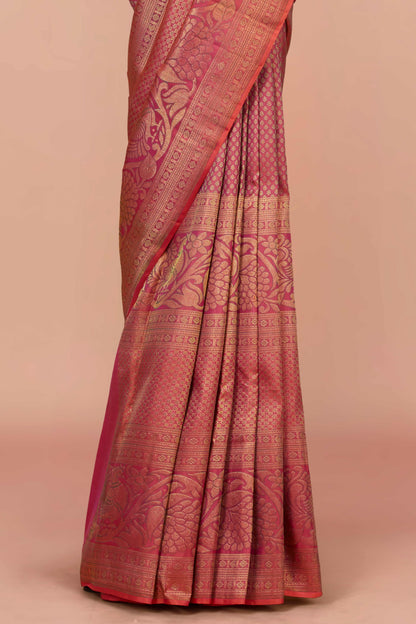 Peach silk zari border saree