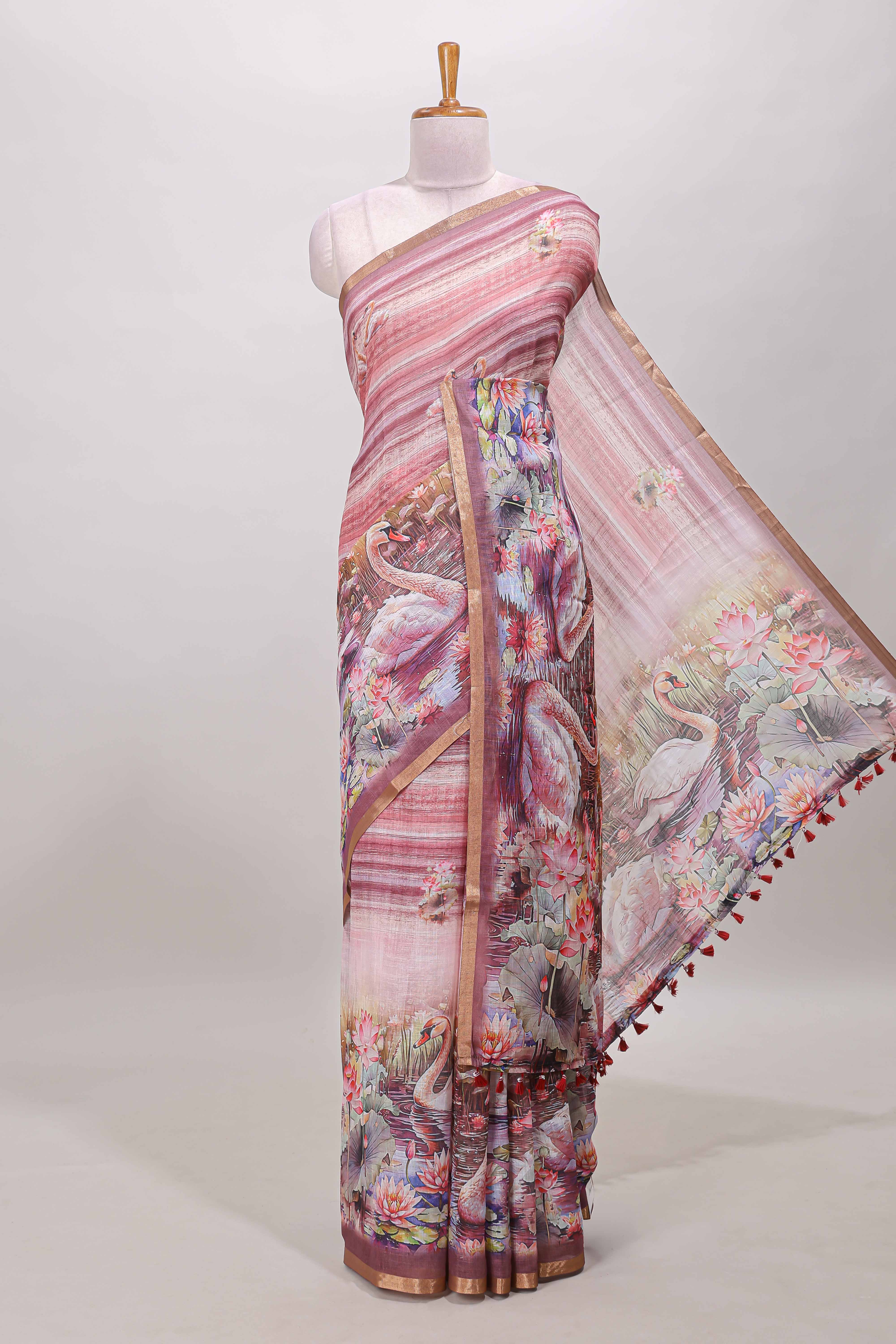 Peach swan lotus pond print linen cotton saree