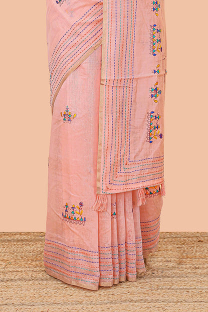 Peach traditional chanderi saree hand stitched embroidery