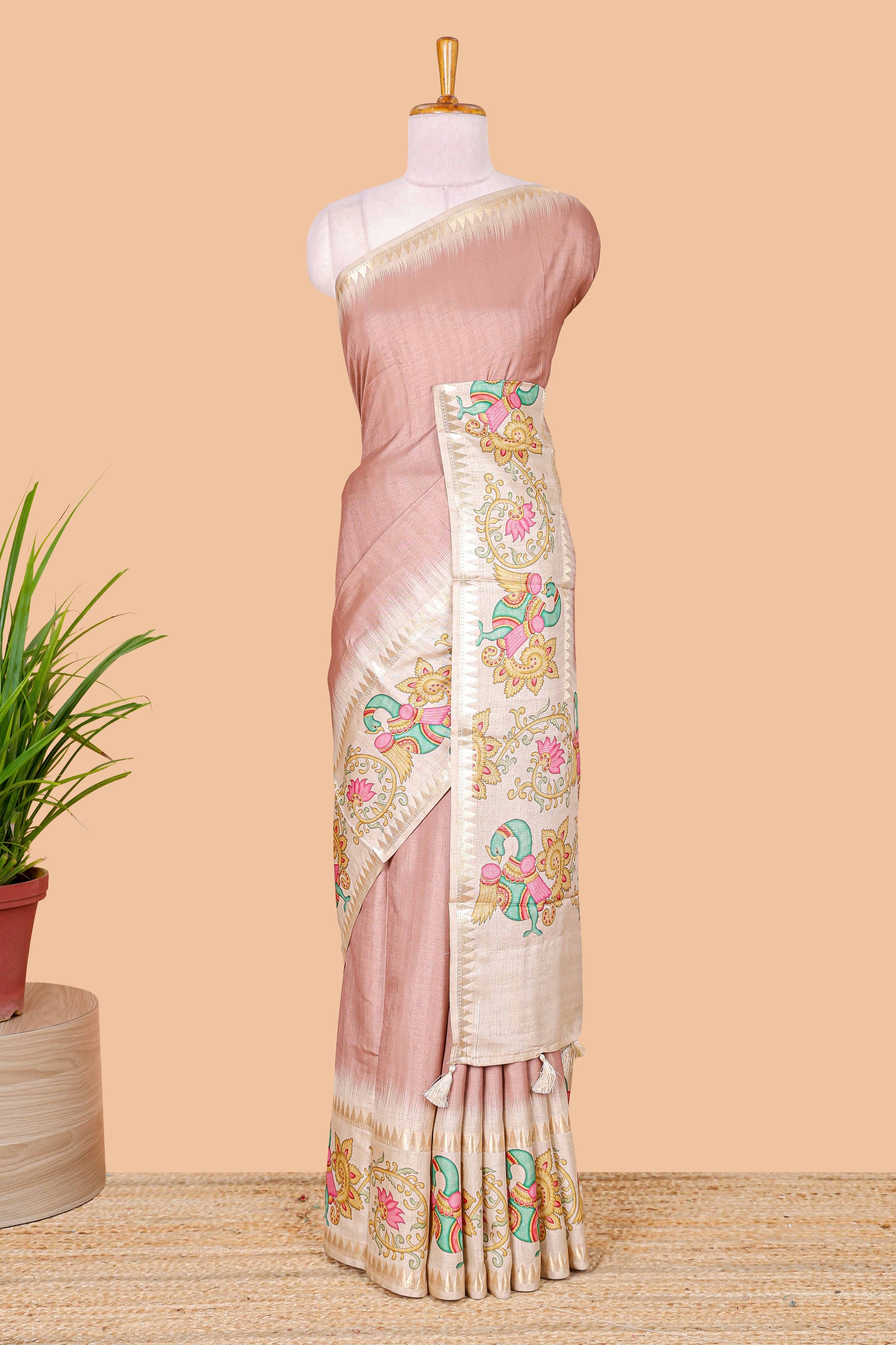 Peach tussar silk weave