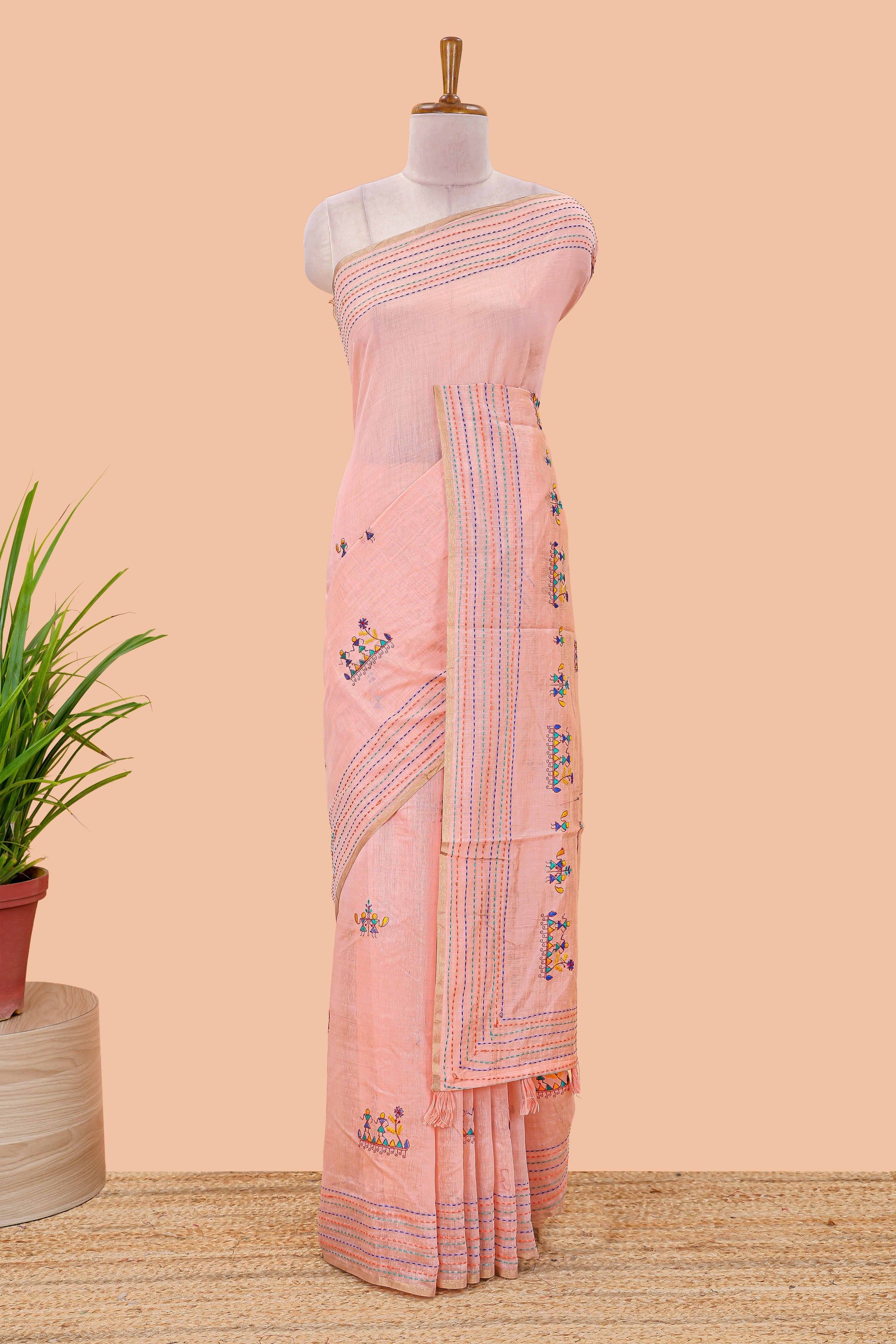 Peach warli art chanderi saree