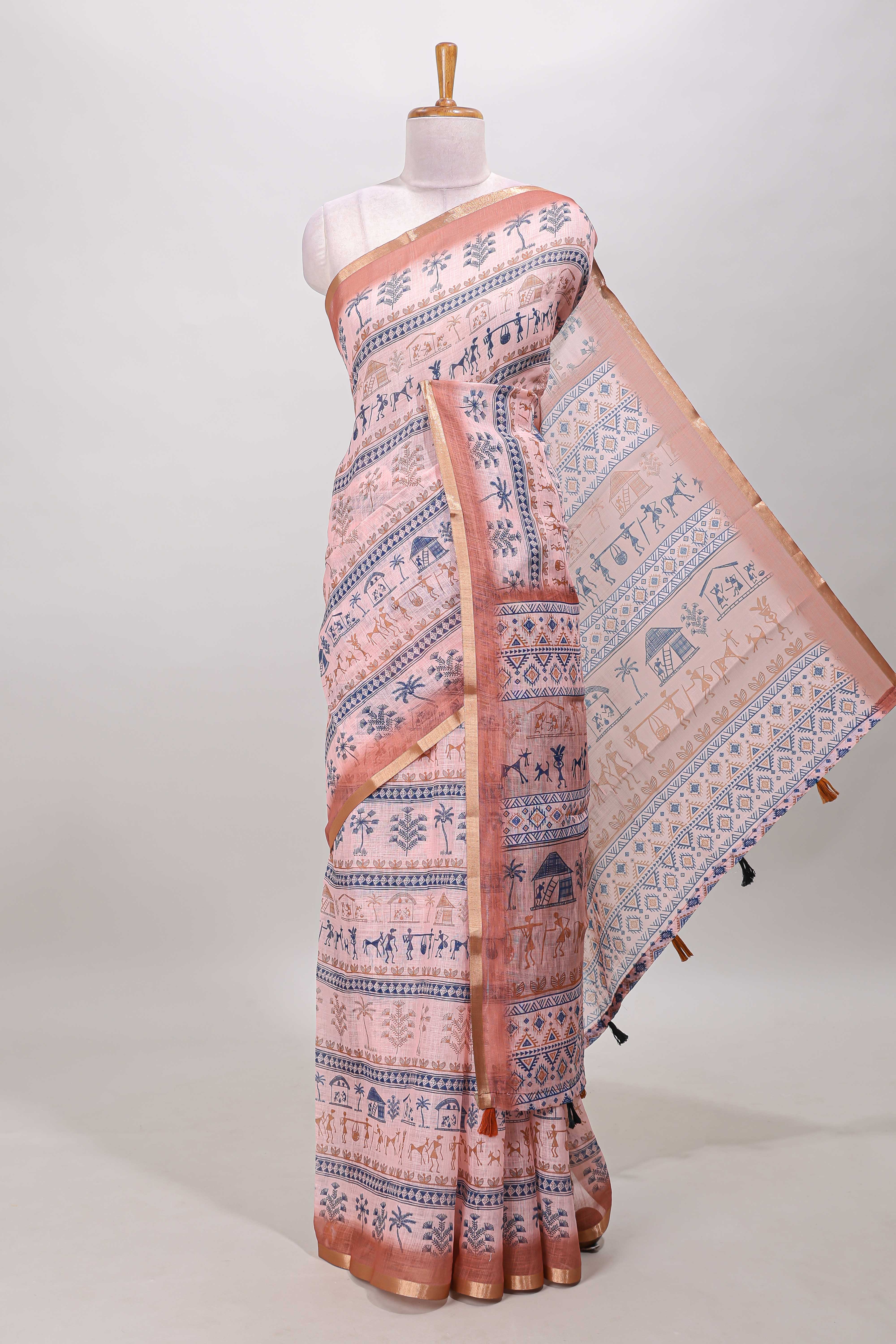 Peach warli print linen cotton saree