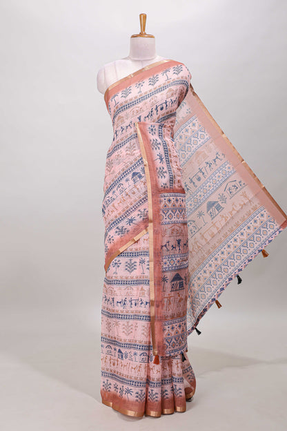 Peach warli print linen cotton saree
