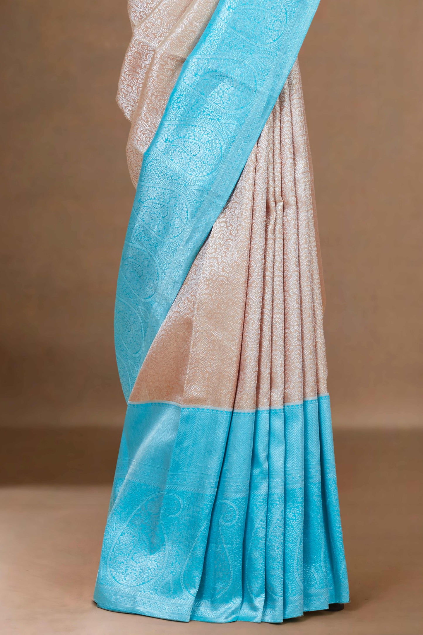 Peach zari border silk saree
