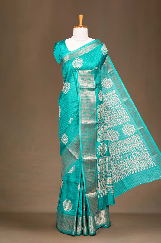 Peacock green dupion silk saree