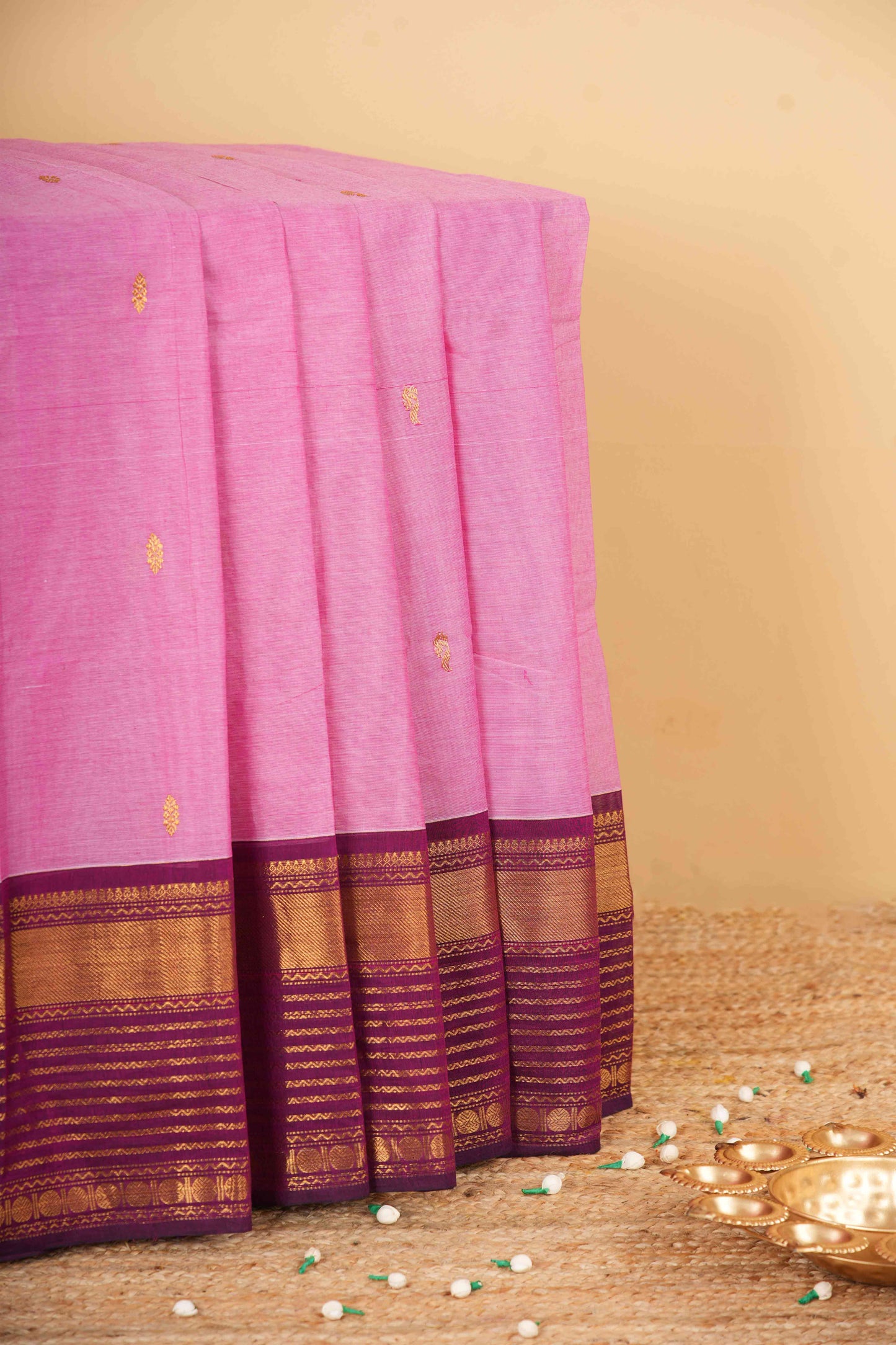 Pink Chettinad cotton rich pallu saree