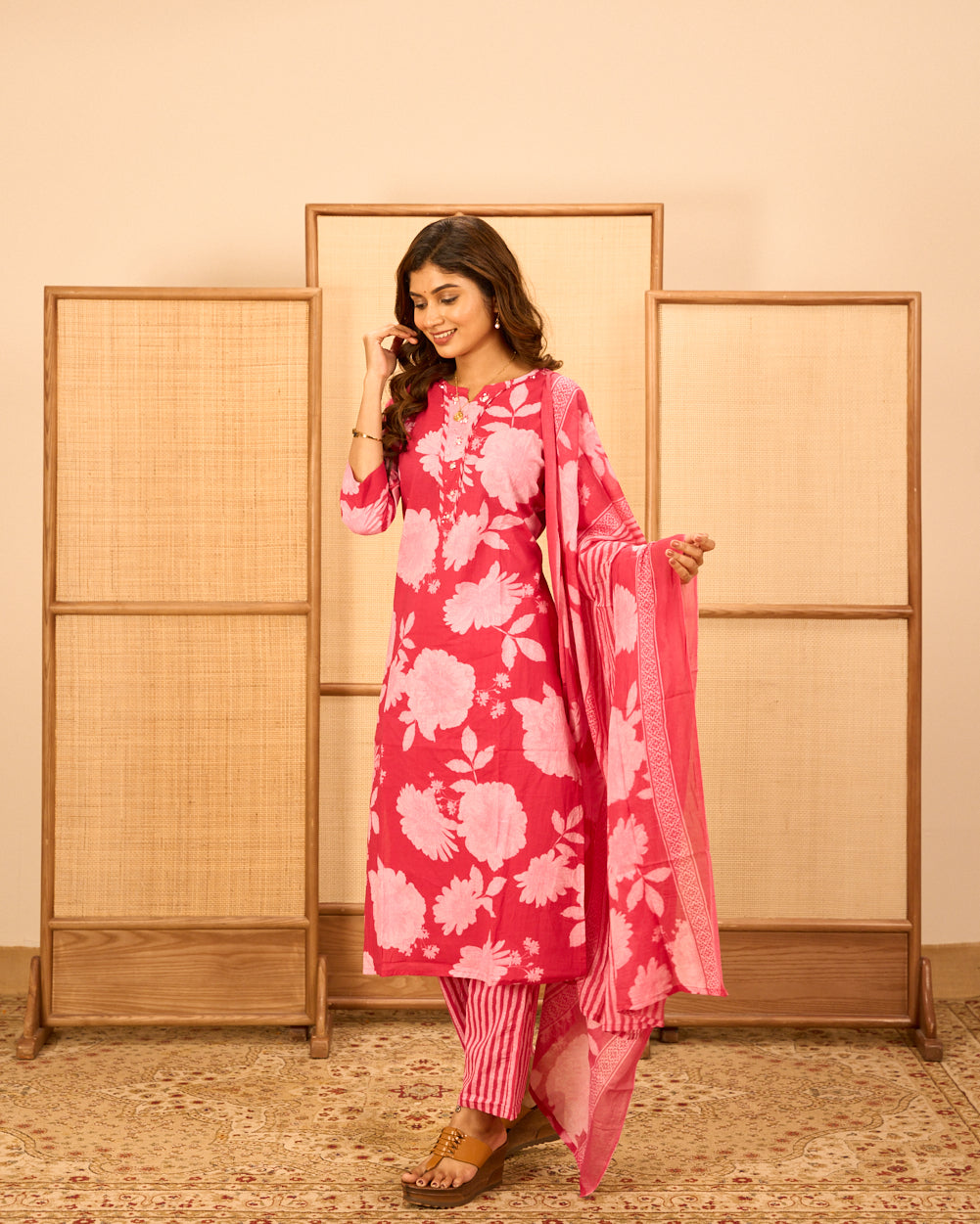 Pink Jaipuri Cotton Kurti Set 