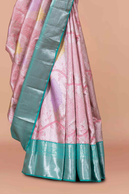 Pink aqua zari saree
