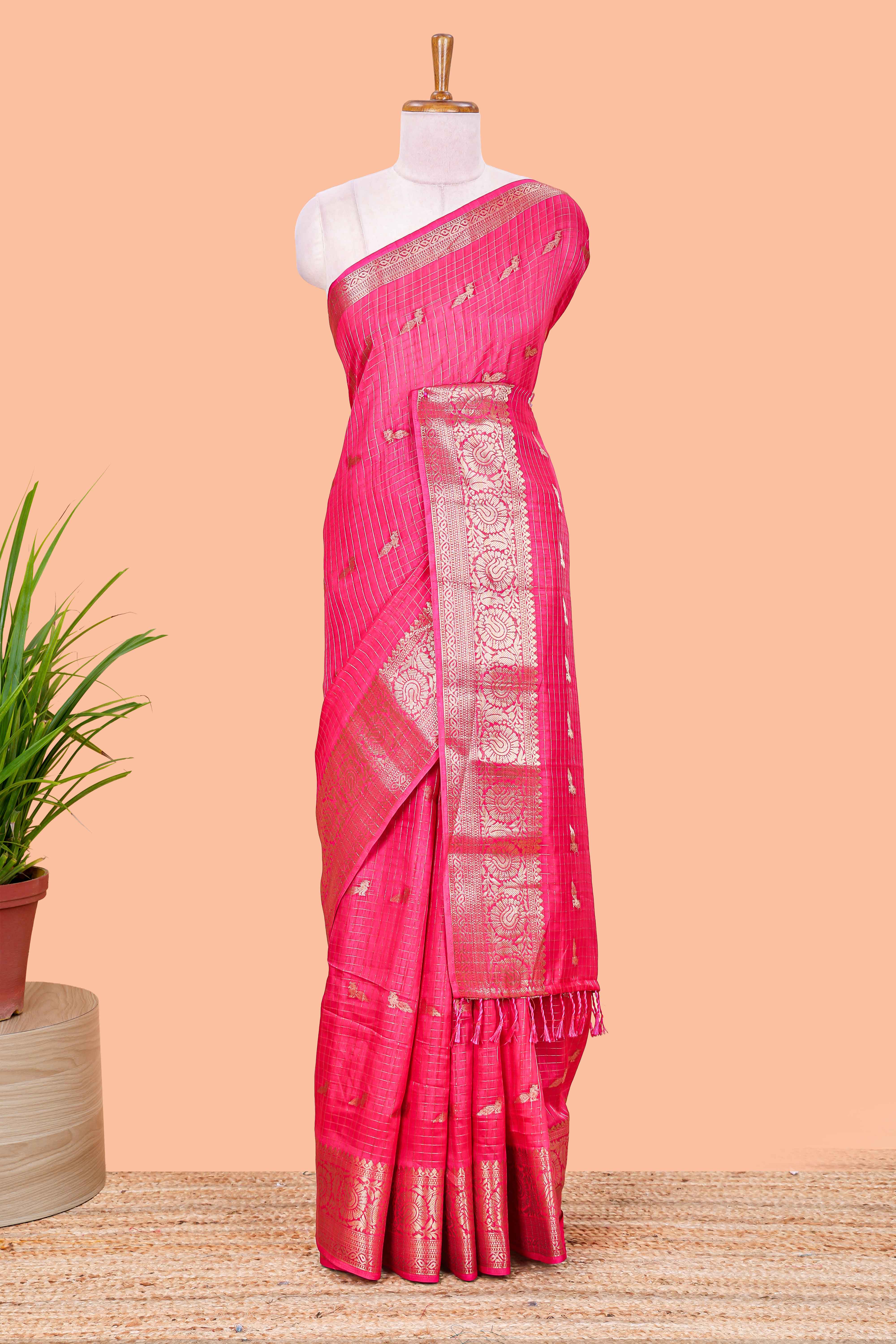 Pink art raw silk check weave saree