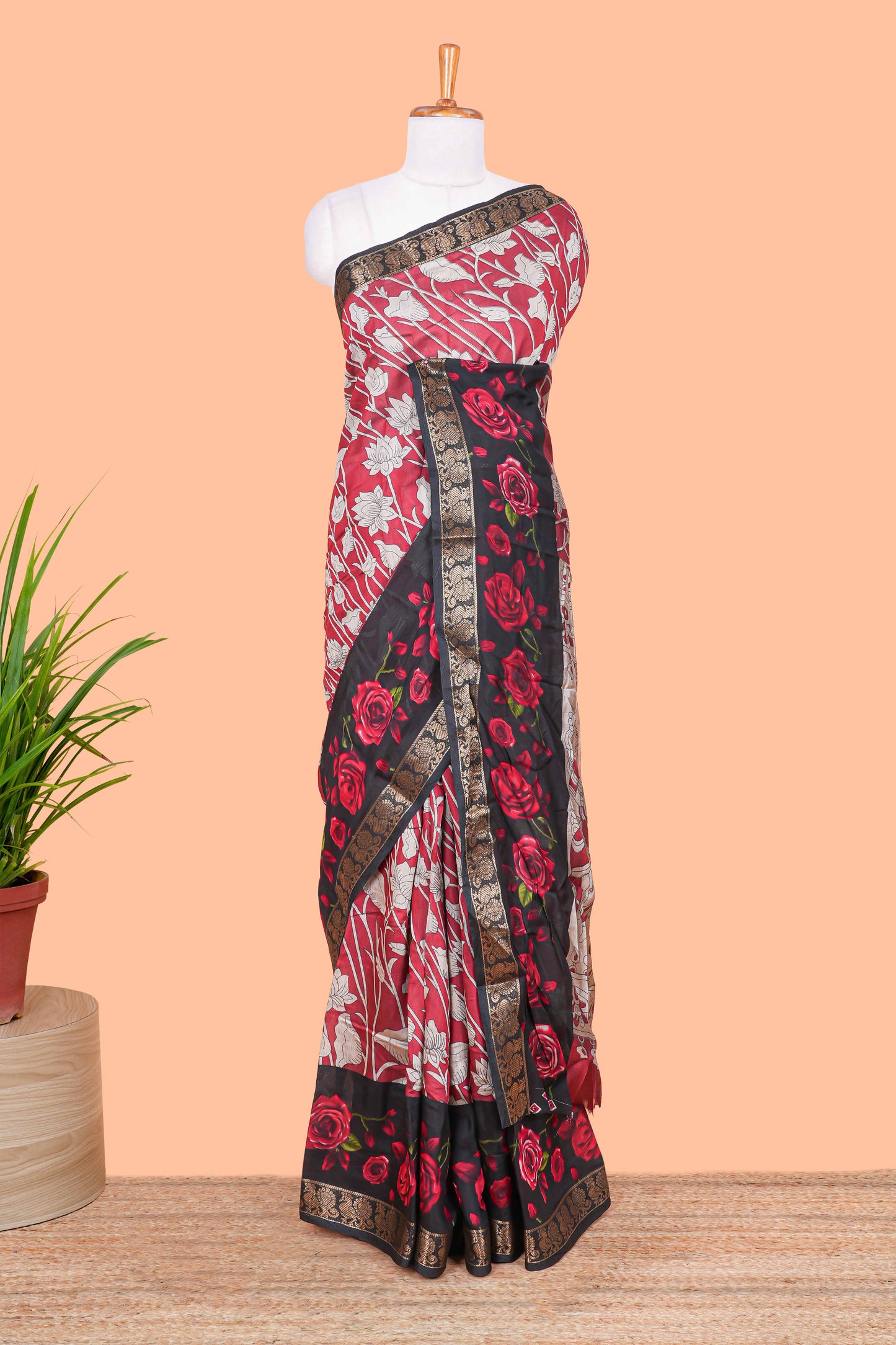 Pink chanderi cotton saree kalamkari print
