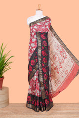 Pink chanderi cotton saree kalamkari print contrast zari borde