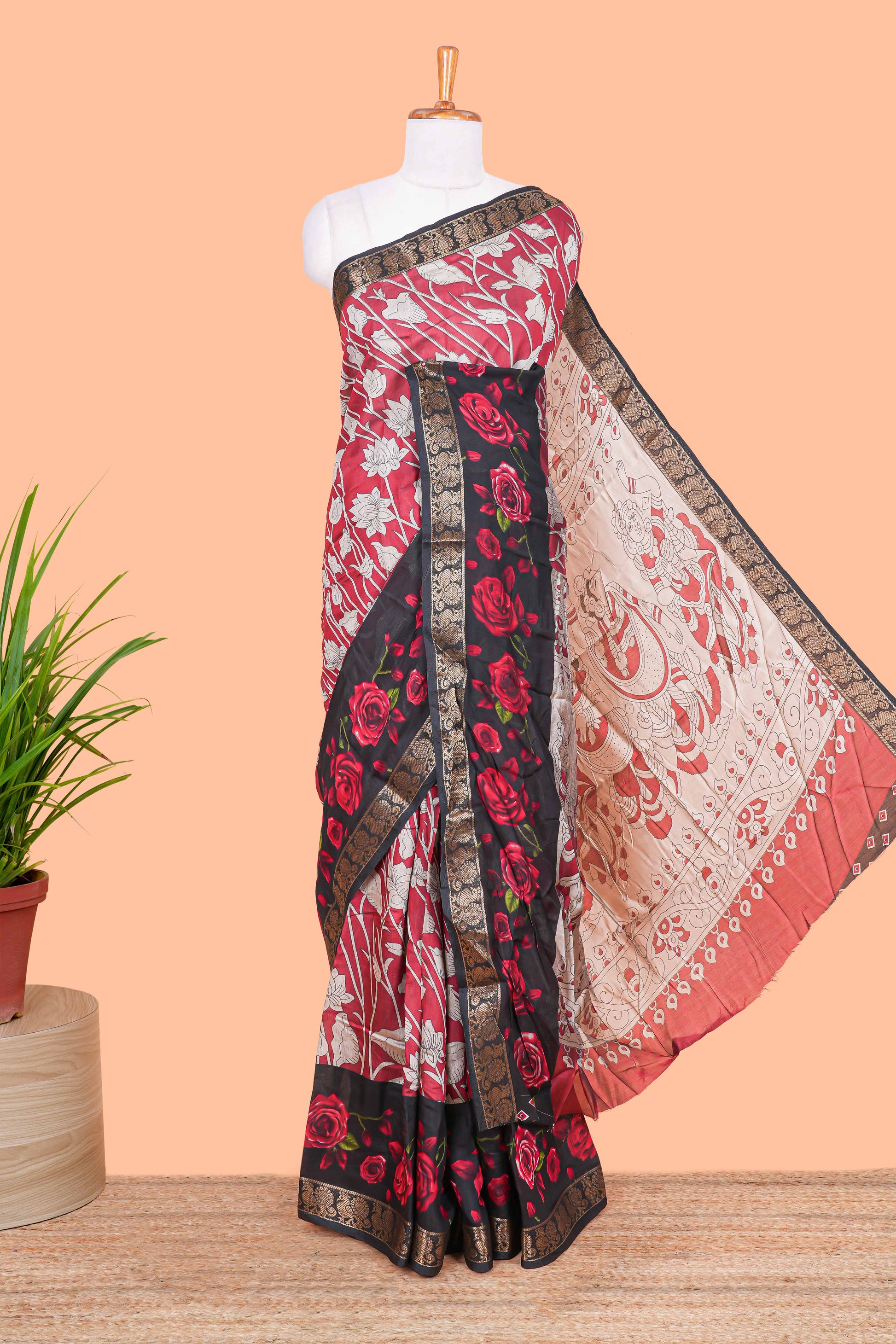Pink chanderi cotton saree kalamkari print contrast zari borde