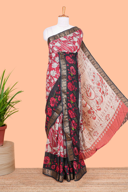Pink chanderi cotton saree kalamkari print contrast zari borde