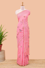 Pink chanderi cotton saree warli design