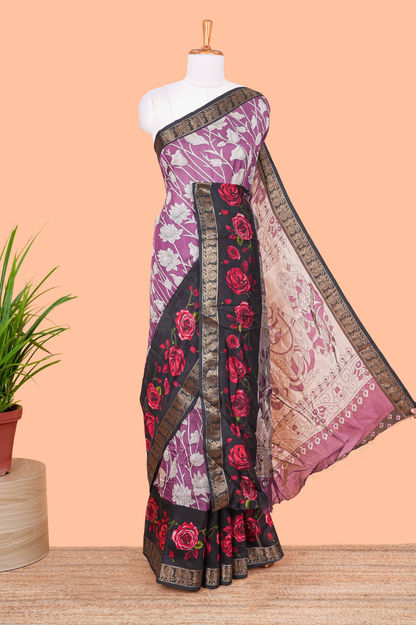 Pink chanderi cotton saree with kalamkari print