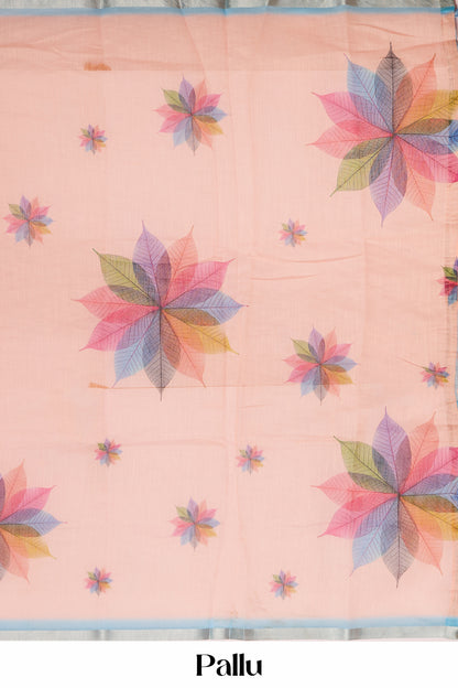 Pink contrast floral pallu linen saree