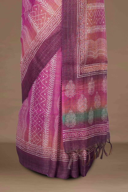 Pink contrast pallu linen saree