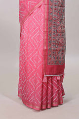 Pink contrast print pallu linen cotton saree