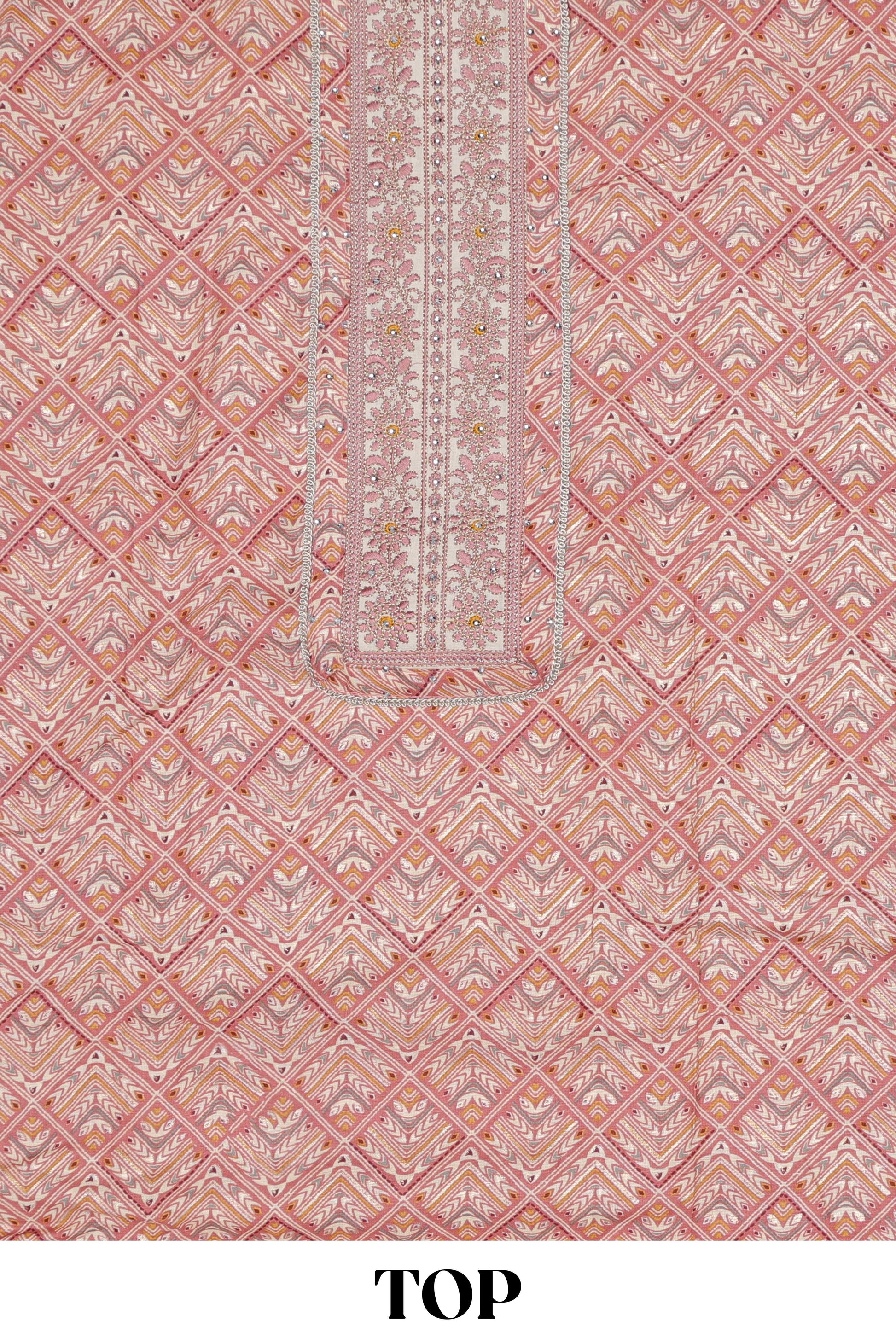 Pink cotton geometric embroidery dress material