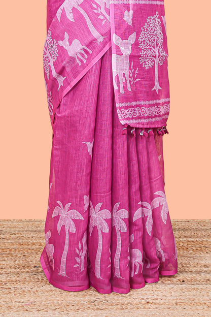 Pink cotton linen saree for daily wear