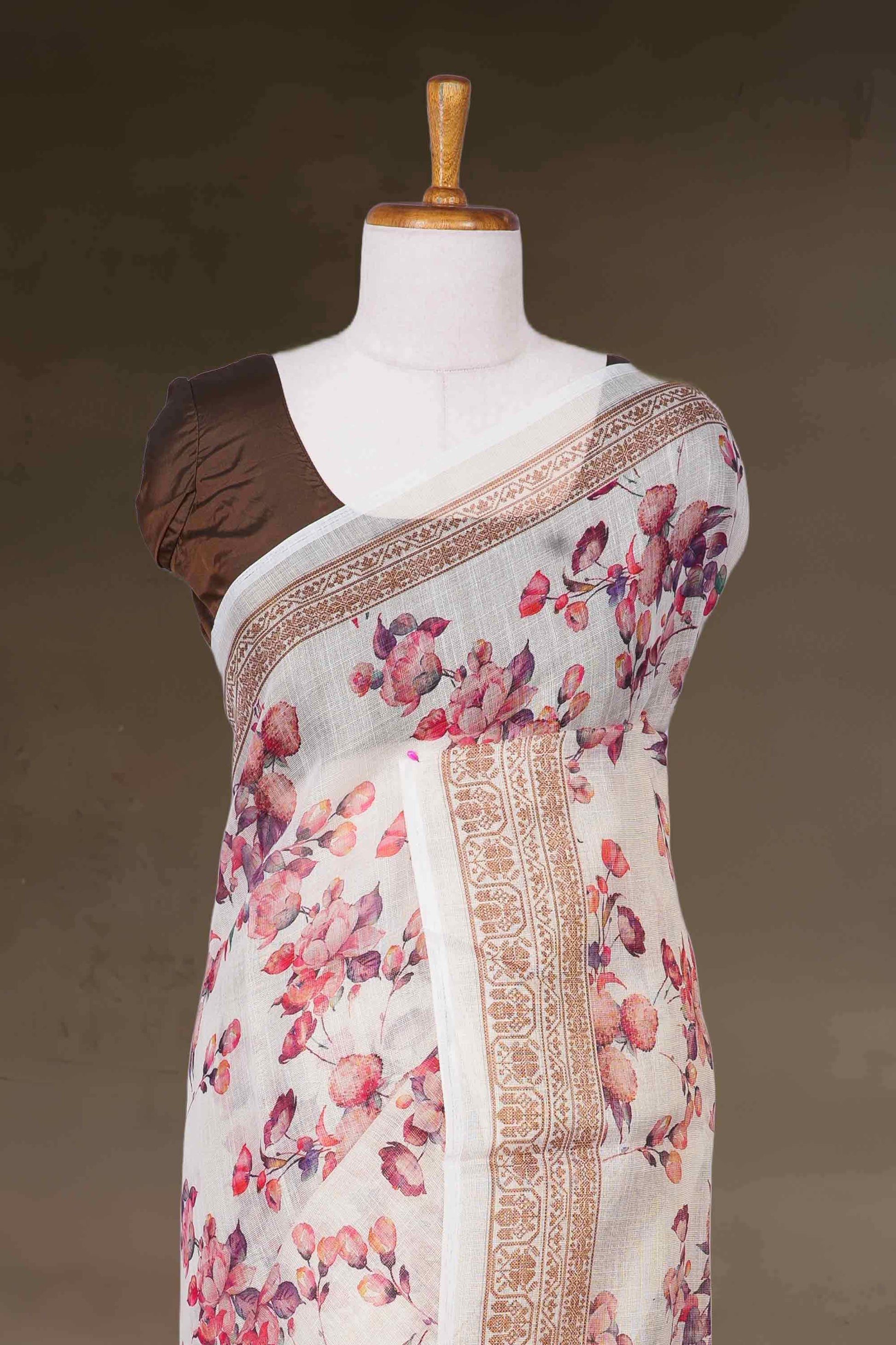 Pink digital print linen cotton saree