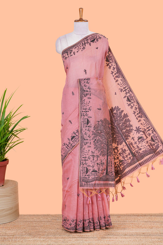 Pink floral motifs munga cotton saree